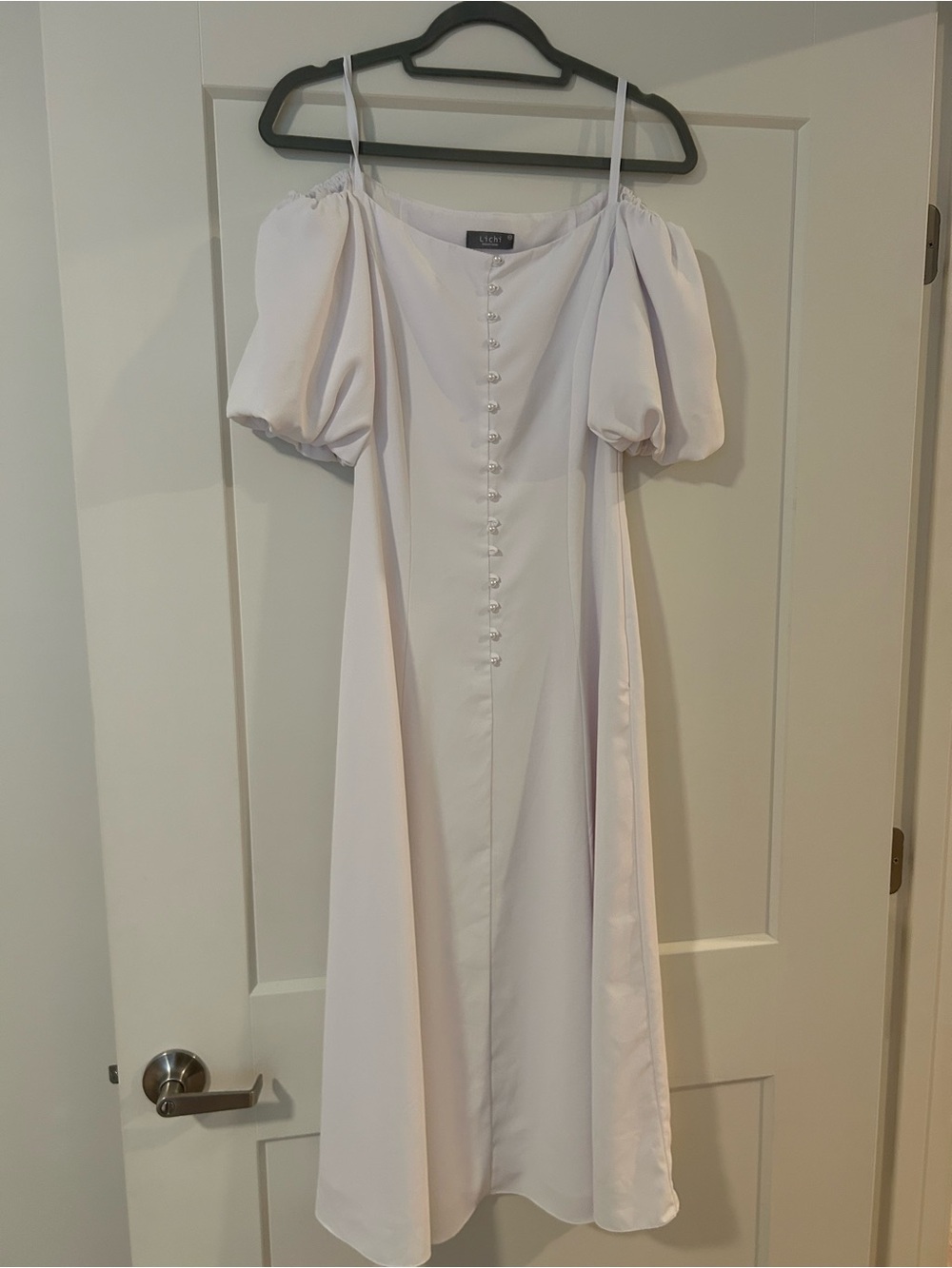 White Off-Shoulder Puff Sleeve Midi Dress with Front Buttons